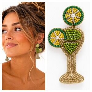 Kay Lee Beaded Margarita Cocktail Statement Earrings Green Yellow Tropical New